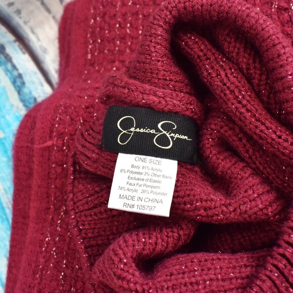Women's Jessica Simpson Beret & Scarf 17" Set Faux Fur ONE SIZE Burgundy - Picture 5 of 6